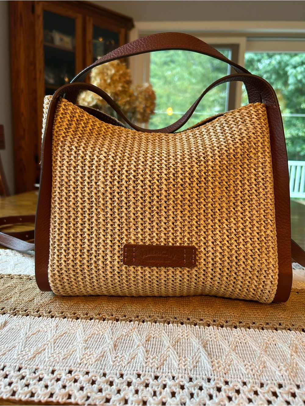 American Leather Co Woven Straw Shoulder Bag with Brown Leather Trim